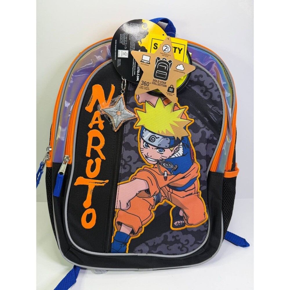 Naruto Kids Backpack School Book Bag w/ Reflective Trim Mesh Pockets NWT